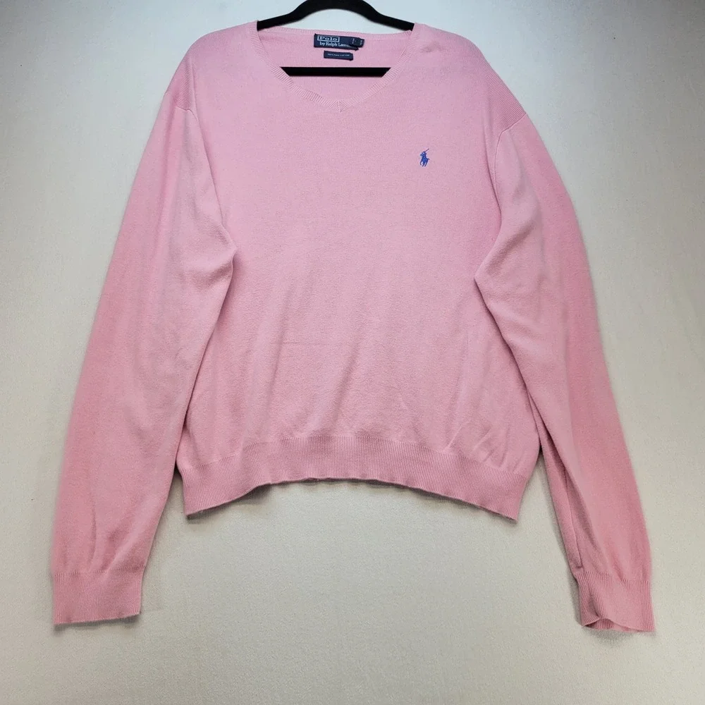 Polo Ralph Lauren V-Neck Sweater Mens Large Pink Pima Cotton Preppy Logo